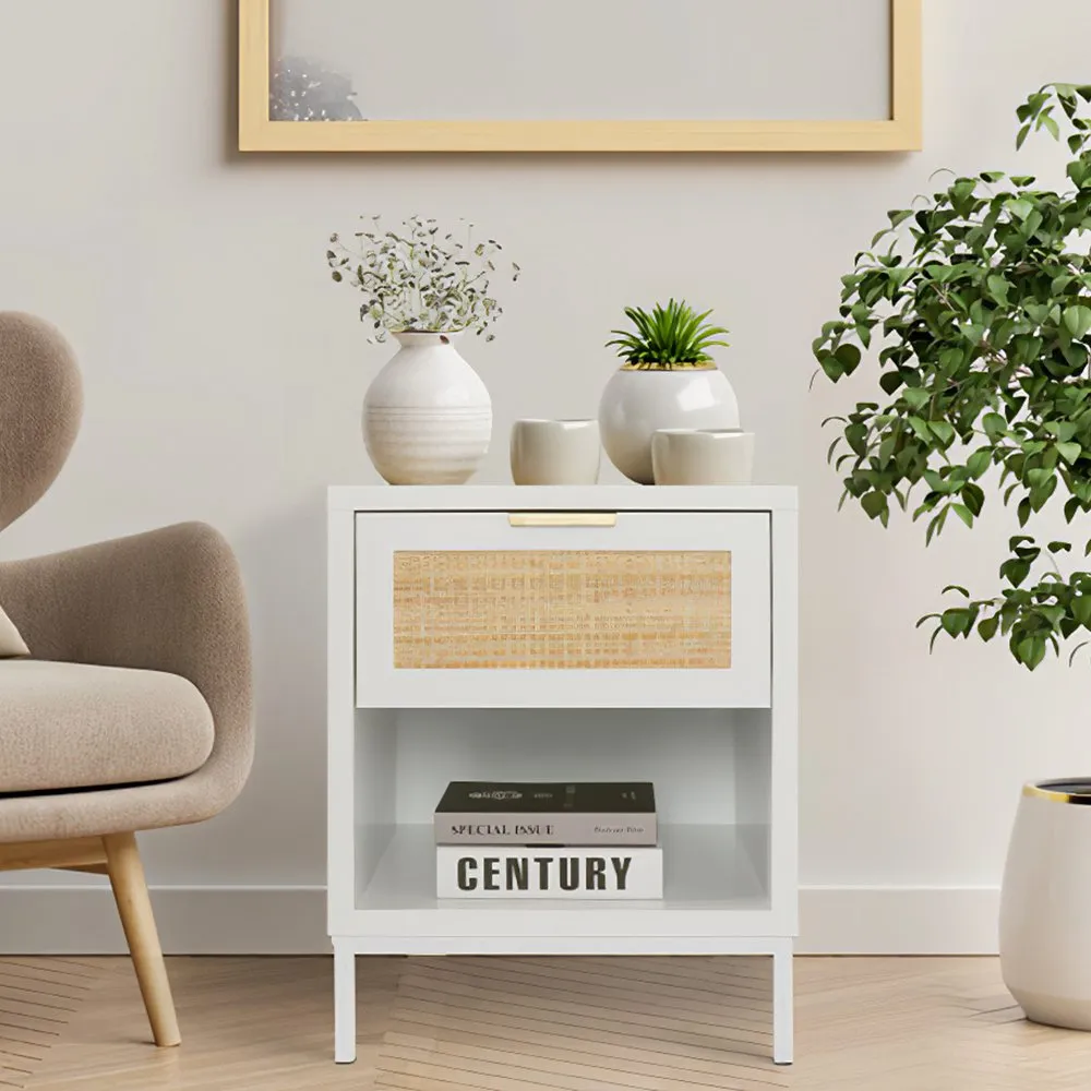 Wood Nightstand With Natural Rattan Drawer Mid Century Side Table