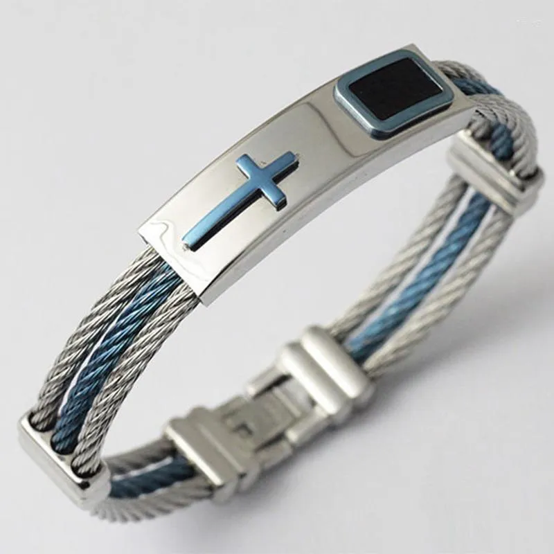 Charm Bracelets Men 3 Rows Wire Chain Bracelet Bangle Punk Stainless Steel Cross Jewelry Gifts XIN-