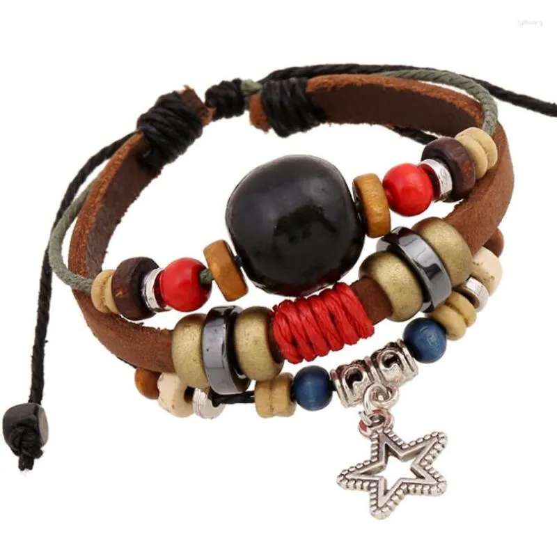 Bracelets porte-bonheur mode Vintage étoile perles Bracelet à breloques rétro multicouche en cuir marron bracelet Bracelets hommes femmes enfants décontracté