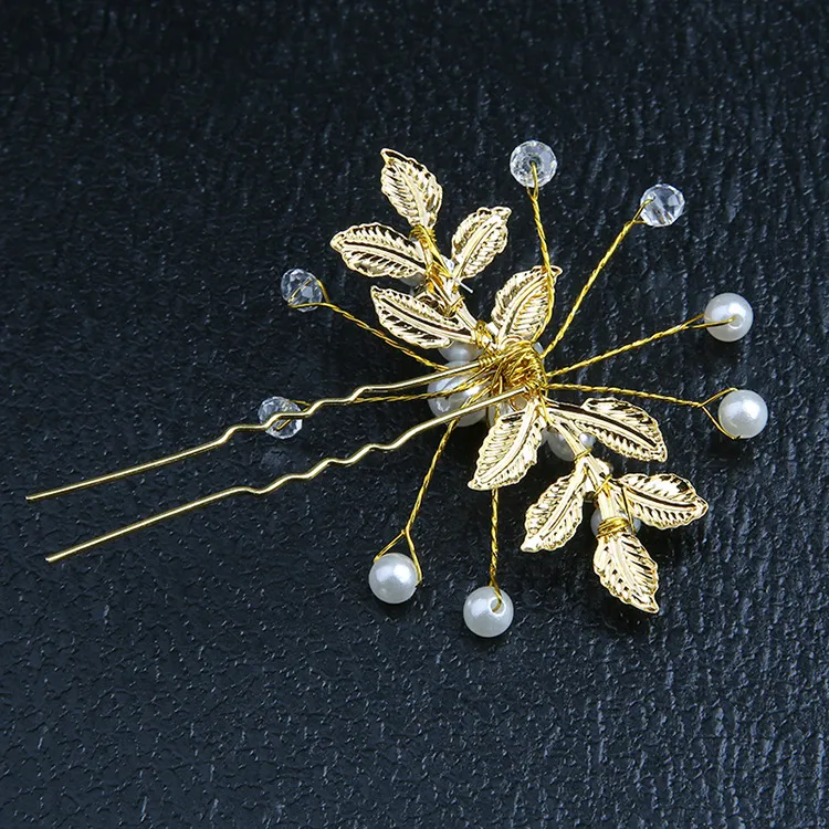 U字型のヘアピンの金の葉真珠髪のフォーク花嫁帽子銀結婚式のアクセサリーヘアピンウェディングドレスプレートヘアアクセサリー