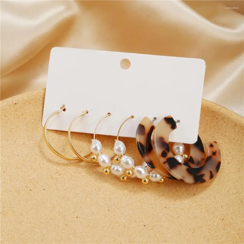 Brincos de argolas moda simples pérola retrô geométrica c preto de leopardo Conjunto de brincos Mulheres 3 pares de jóias acrílicas Presente