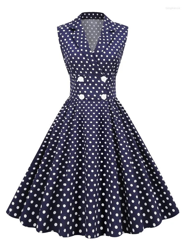 Sıradan Elbiseler 2023 Çentikli yaka düğmesi Yüksek Bel Polka Dot Kadınlar Vintage Uzun Elbise Zarif Giysiler 50s Pinup Robe A-Line