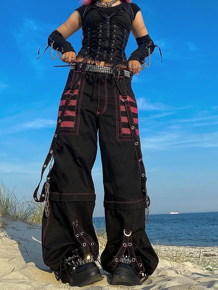 SUCHCUTE Gothic Chain Bandage Wide Leg Baggy Pants Women Oversized Low Rise Dark Academic Trousers For Streetwear Baggy Style And Punk Style Style 230504 From Babala3 26 DHgate.Com