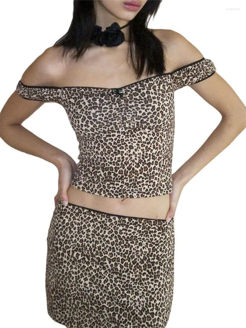Vestido de duas peças mulheres tops saia de terno sem mangas v pescoço leopardo colete colheita de colheita de verão de verão casual roupas curtas