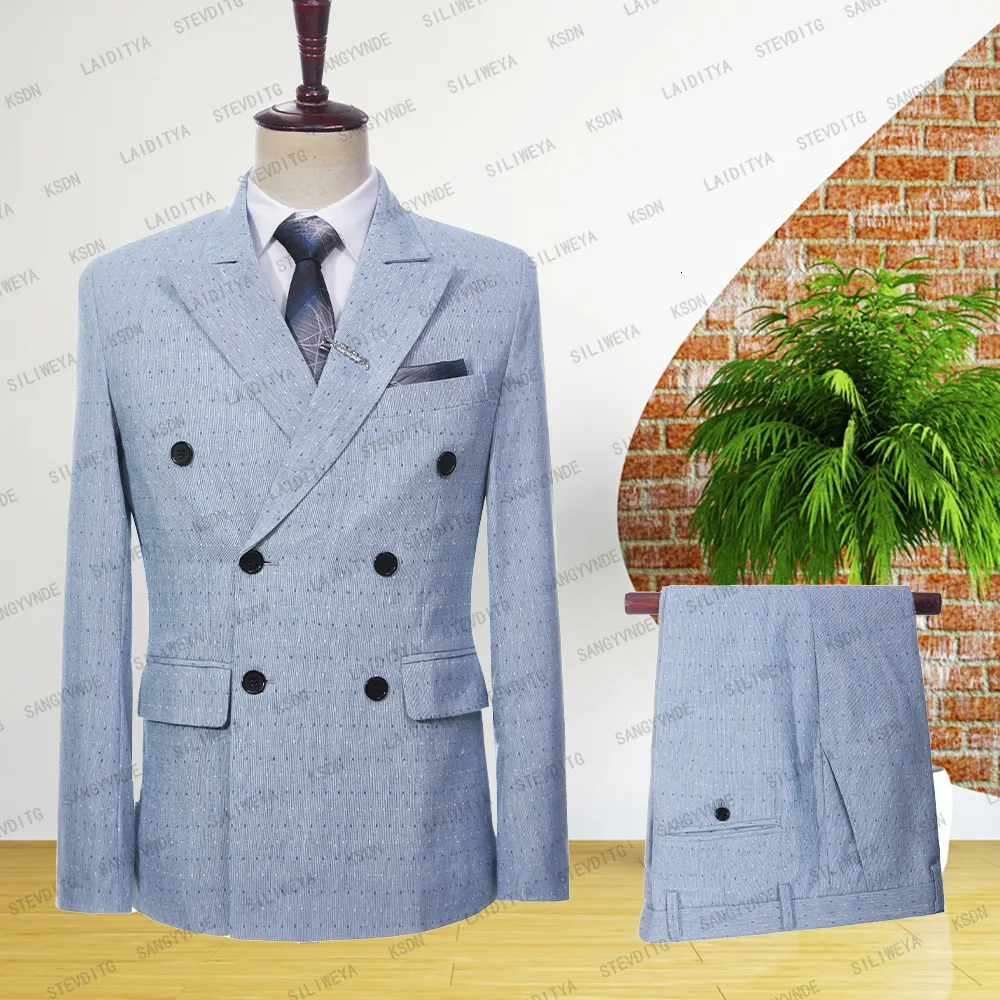 Męskie garnitury Blazers Blue Linen Męskie garnitury oblubieńca Tuxedo Dopasowany ślub Niestandardowy podwójnie piersi męski blezer 2-częściowy Terno Masculino 230505