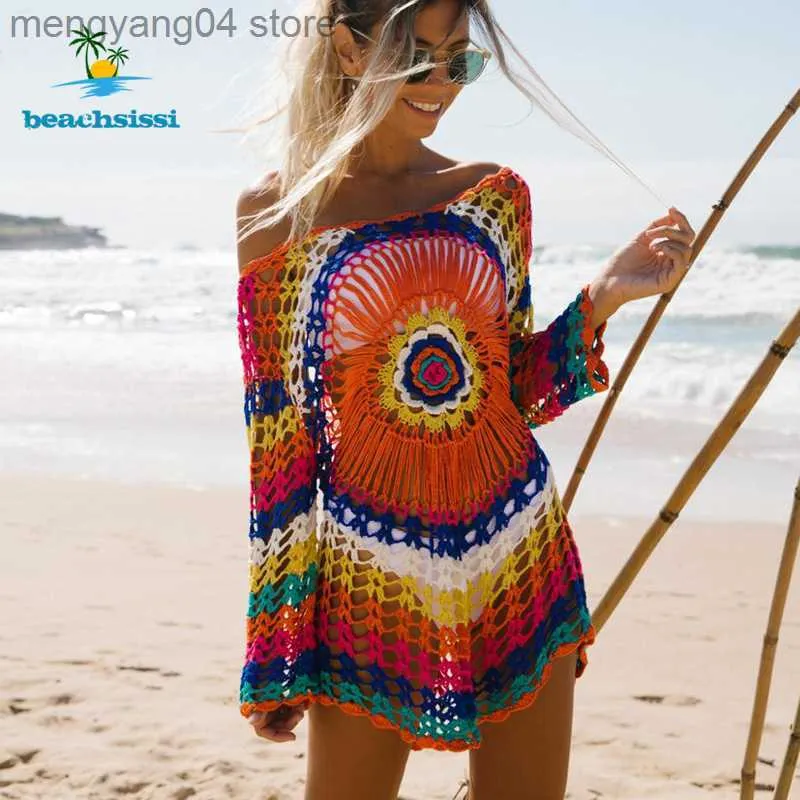 Women's Swimwear Beachsissi Colorful Knitted Cover Up Bikini Women Swimsuit Lace-up Kimono 2023 Beach Dress Bathing Suit Beachwear Tunic Robe T230505