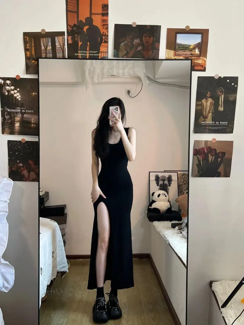 Korean Fashion Black Sleeveless Sheath Slit Dress With Side Slit Elegant And Chic Summer Wear For Women From Shasamei 21.99 DHgate.Com