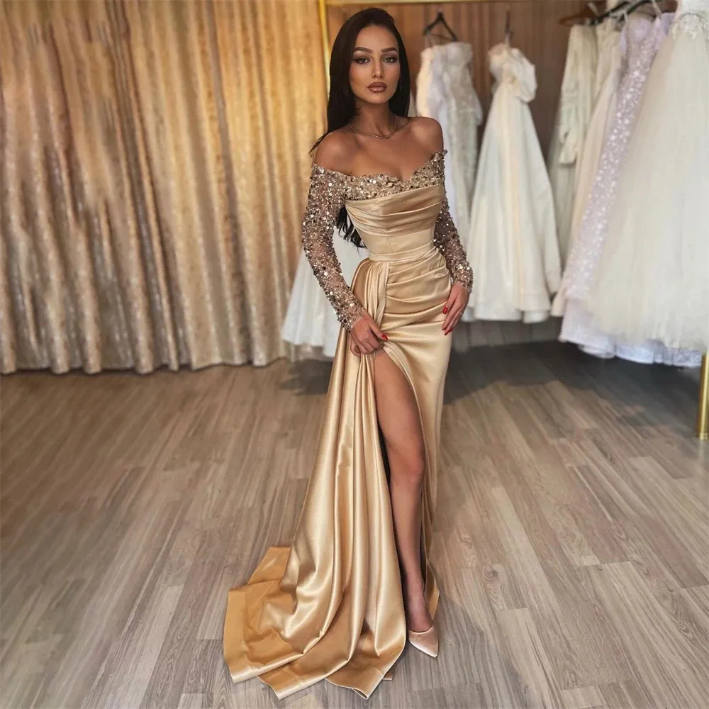 Glitter Champagne Mermaid Gold Evening Gowns With Off Shoulder  