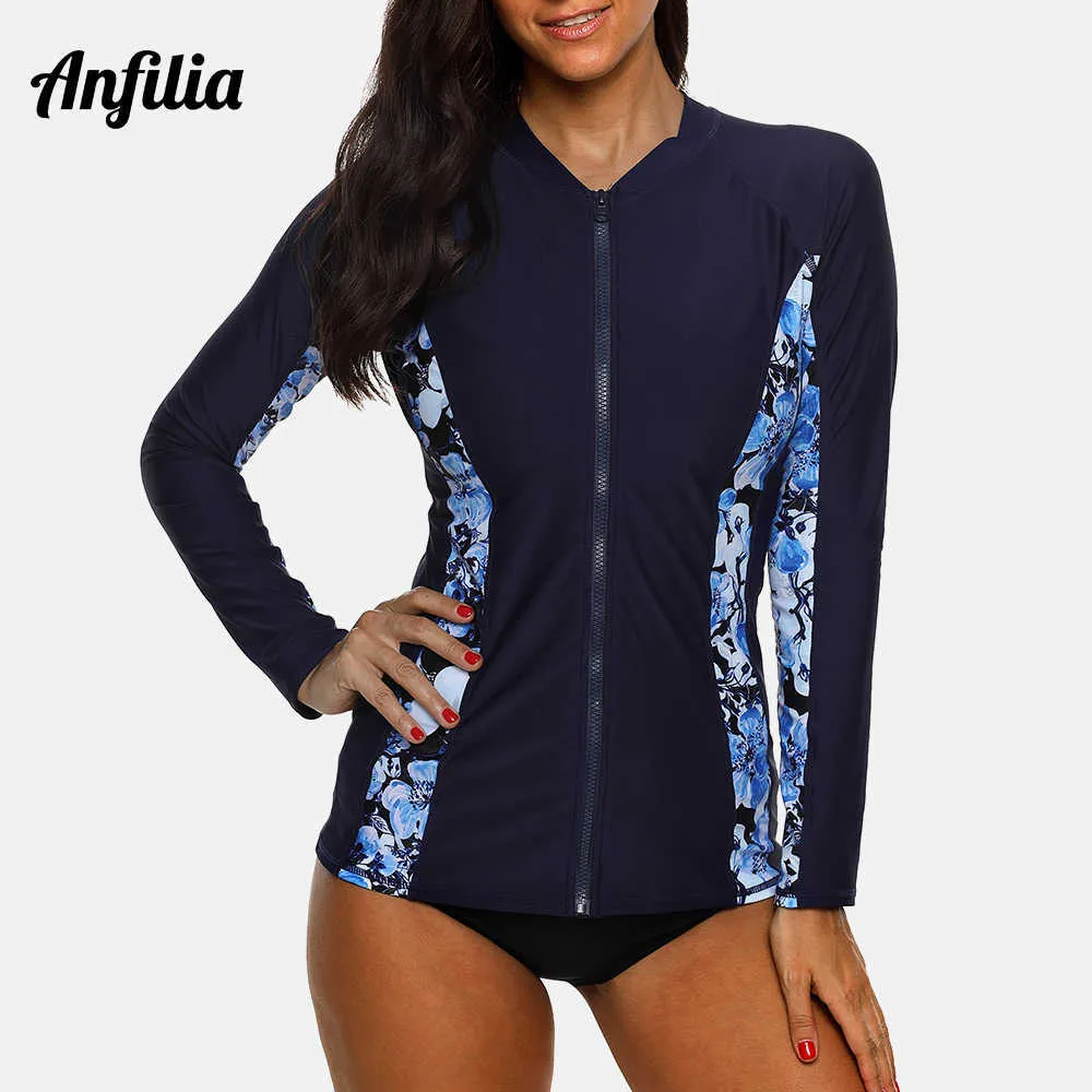 Шишки с дрисутами anfilia Женщины с длинным рукавом на молнии Rashguard Top цветочный принт Rush Guard Surfing Surfing Running Рубашки Swimsuit UPF50 J230505