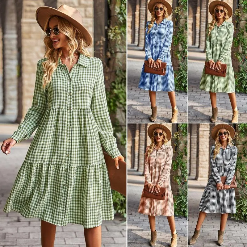 Casual Dresses VIP FASHION Women V-neck Green Grid Turn-down Collar Botton Dress Summer Holiday Travelling Clothing For Girls