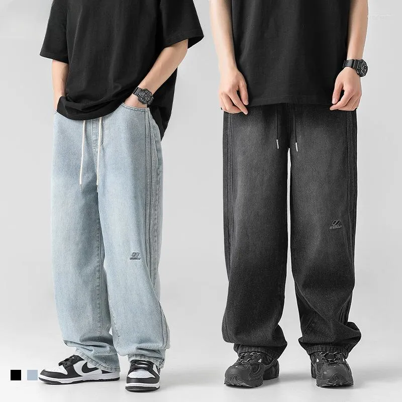 Mäns jeans 2023hanlu japansk stil för män kläder retro tvättade vårsidan rand lös raka benbyxor