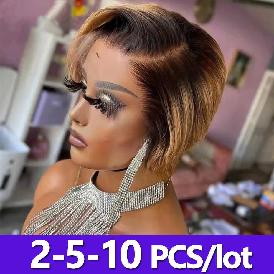 Synthetic Wigs 2-5-10pcs Straight Pixie Cut Wig Human Hair Ombre Blonde Colored 100% for Women t Part Transparent Lace Jarin 230227