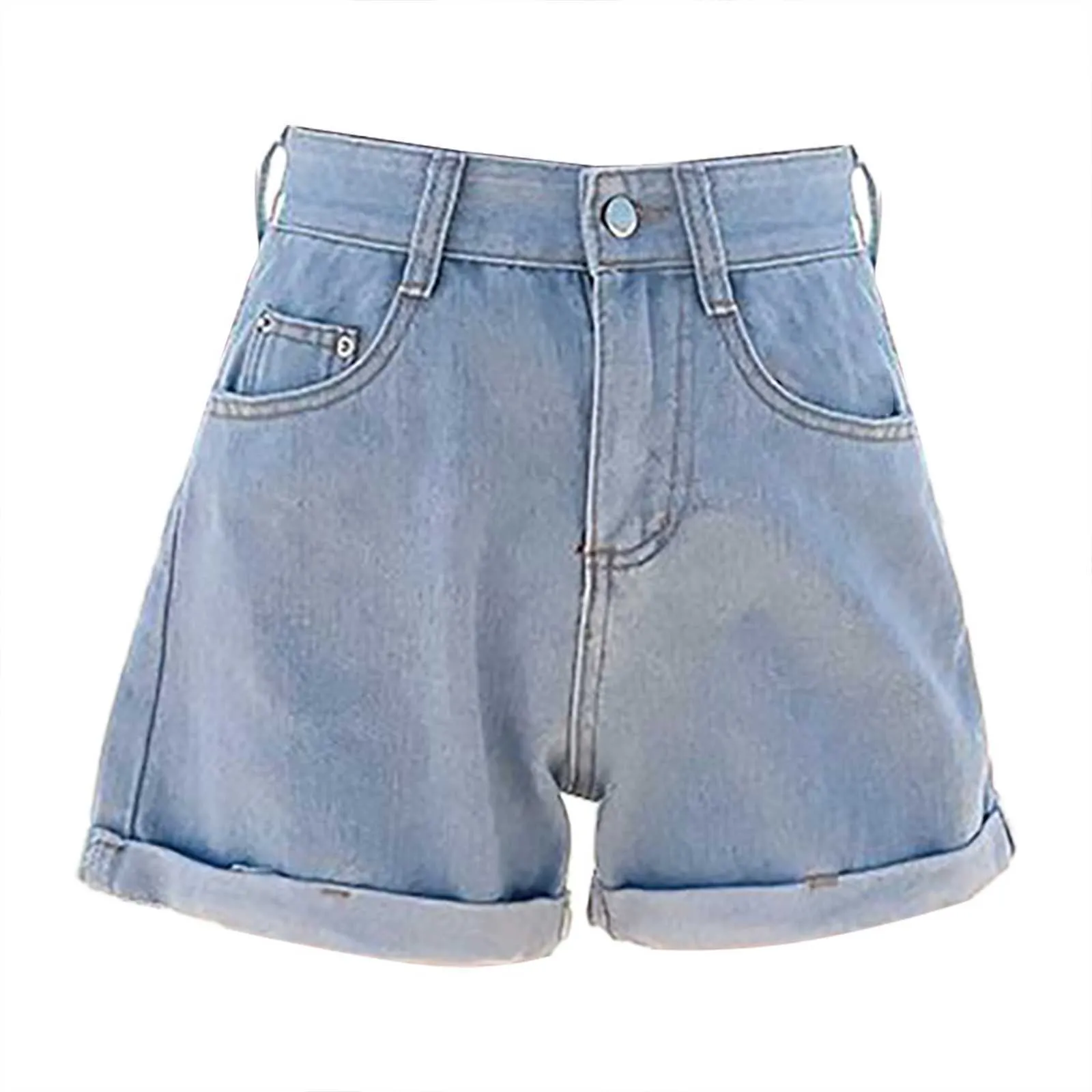 Kvinnors shorts sommarblå kvinnor denim shorts hög midja knappen kvinnlig elastisk korta jeans harajuku grils casual lös korta byxor sötkläder z0505