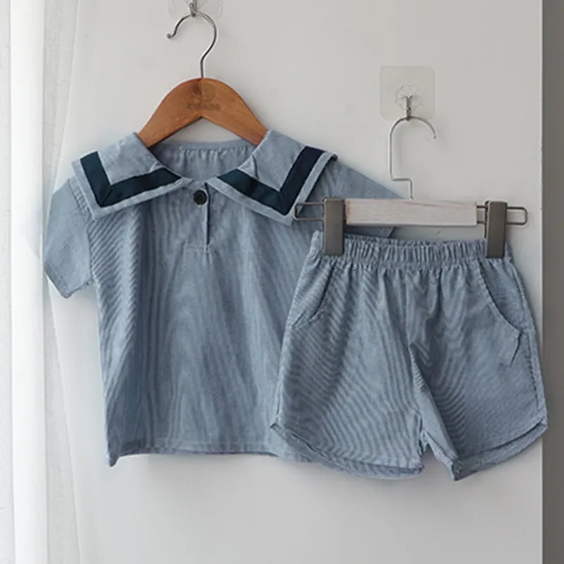 Clothing Sets Summer Newborn Baby Girls Boys Clothing Set Korean Style Navy Collar Short Sleeve T-shirtShorts Set Kids Clothing Suit 230505