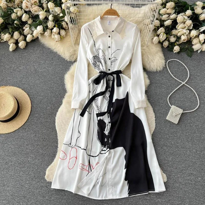 Vestidos Casuais Primavera Outono Moda Estampado Lapela Slim Camisa Seios Simples Vestido Feminino Manga Longa Roupas Elegantes Vestidos J342