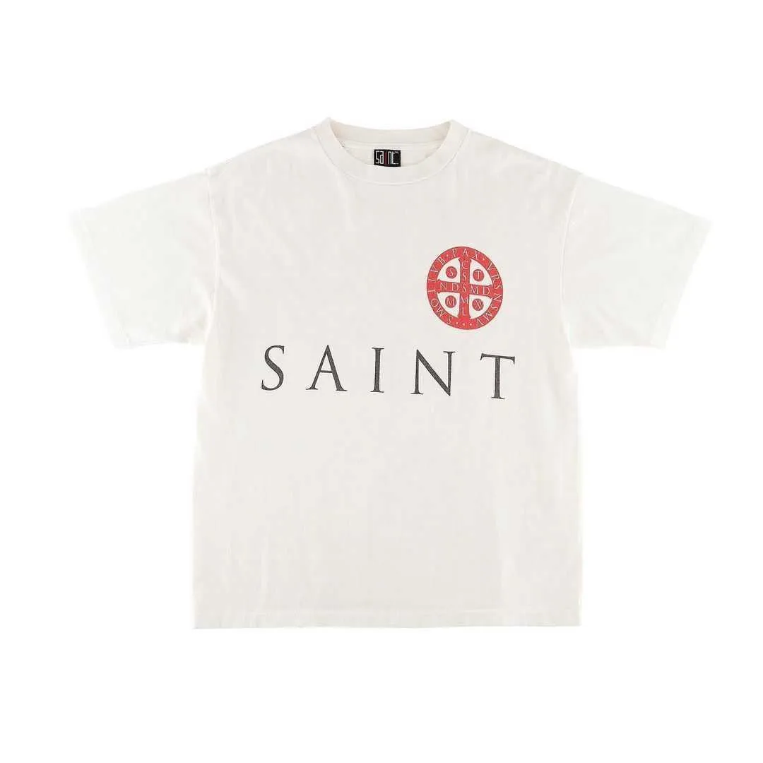 Designer Fashion T Shirt Saint Michael Letter Cross Circle Figuur Print High Street Paar Vintage T-shirt met korte mouwen