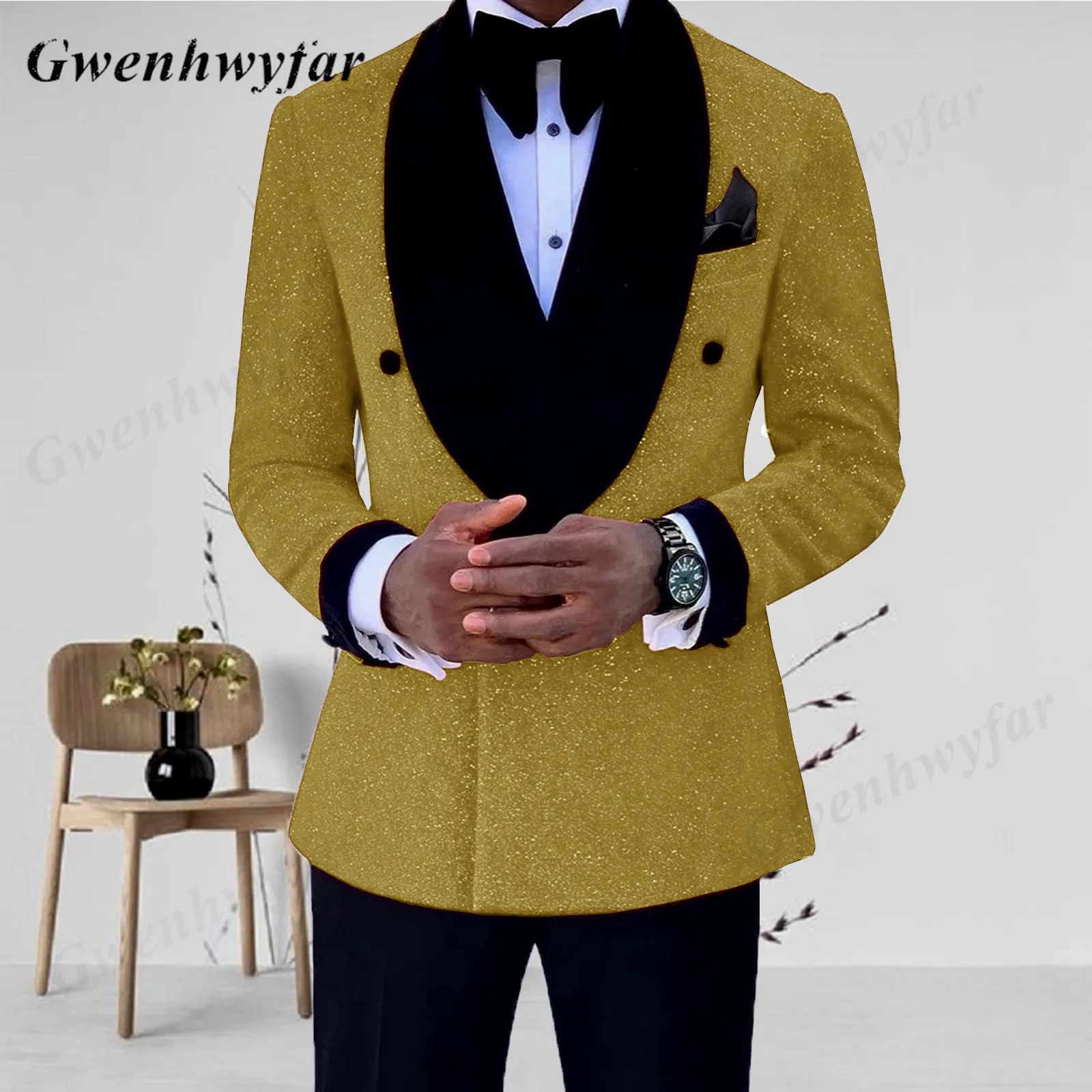 Costumes pour hommes Blazers Gwenhwyfar Or / Bleu Royal / Noir Glitter Mariage Tuxedo Slim Fit Grooms Costumes Pour Hommes Veste À Double Boutonnage Avec Pantalon 2 Pièces 230505