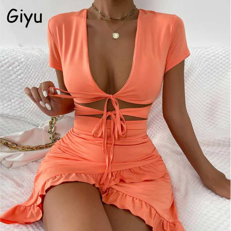 Casual Kleider Giyu Bodycon Kleid Frauen 2023 Sommer Sexy Rüschen Bandage Minikleider Elegant V-Ausschnitt Bogen Aushöhlen Geraffte Vestidos Weiße Robe P230505