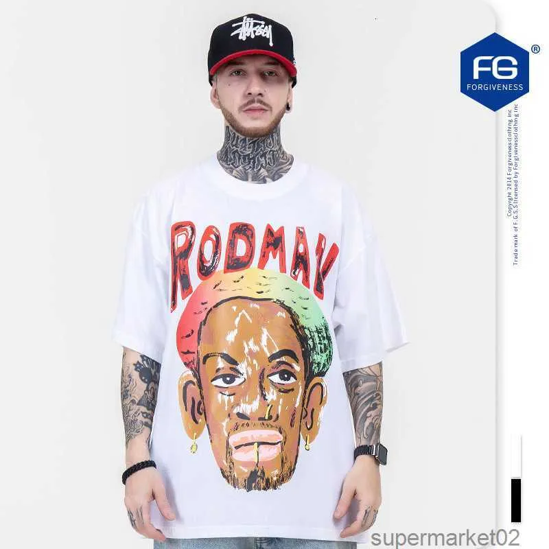 FG Menswear 2023 Amoi 패션 브랜드 Rodman Smiley Face Graffiti 캐릭터 프린트 빈티지 느슨한 짧은 슬리브 티셔츠