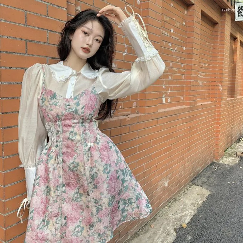 Casual Kleider Vintage Mode Zweiteiler Damen Anzug Frühling Langarm Spitze Puppenkragen Hemd Floral Sweet Retro Slip Dress Sets