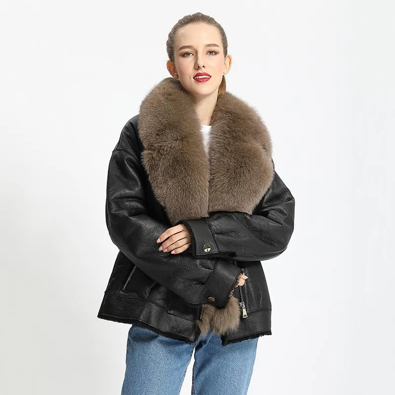 Women's Fur & Faux Winter Short Black Leather Jacket Women Real Collar Moto Sheepskin Shearling Coat MJF-SJ-14Women's