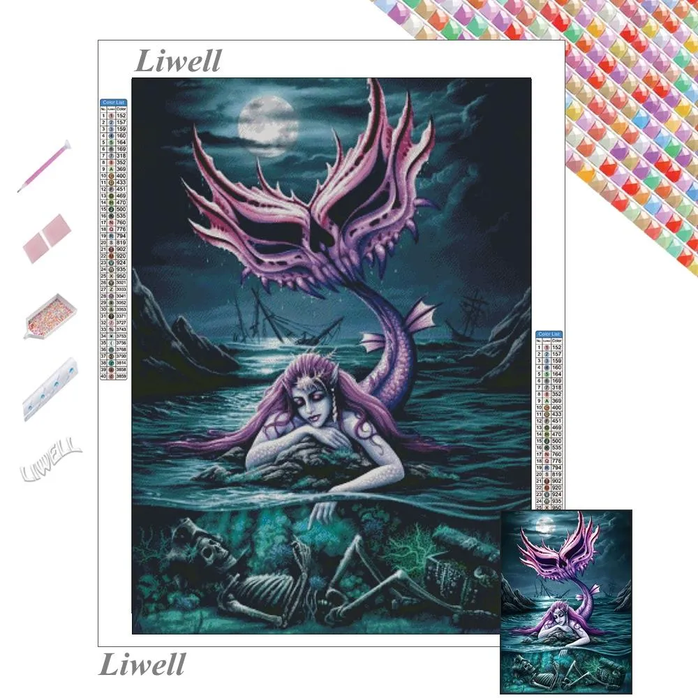 Stitch Fantasy Purple Mermaid con cranio Dipinto di diamante Croce Kit Kit Ocean Night Scenery Mosaic Wall Art Home Decor