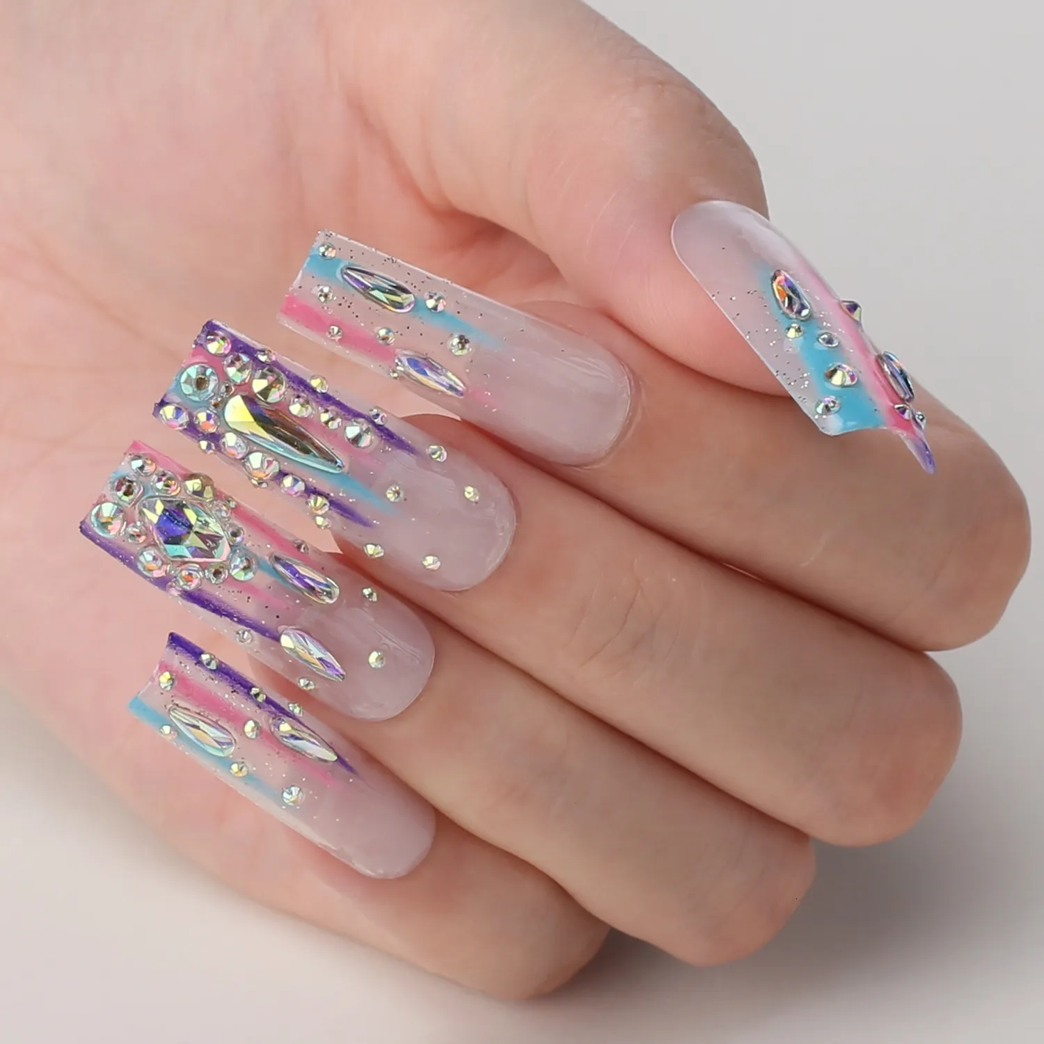 Nail Practice Display Luxurious Diamond Acrylic Nails Handmade Clear Rainbow Salon Rectangle Glitter Fake Press on nail custom 230505