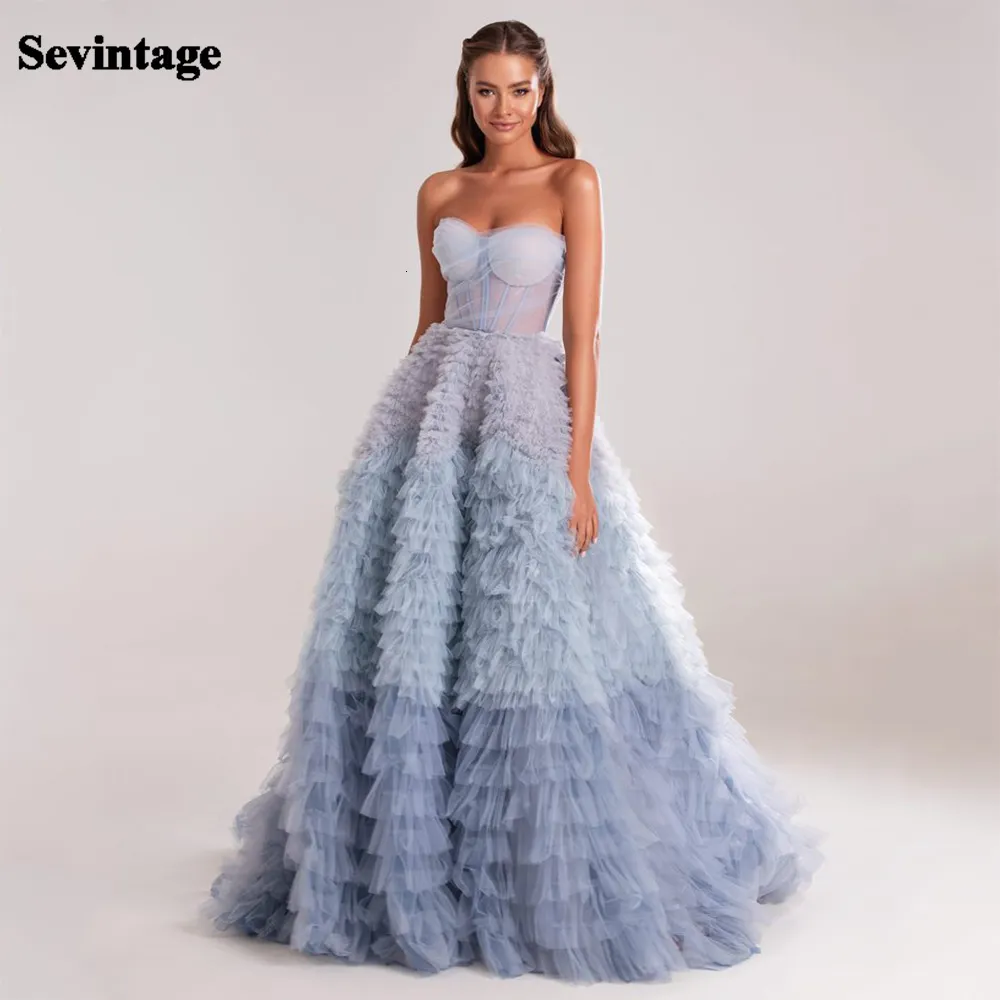 Partykleider Sevintage Blue Prom Tiered Rüschen Tüll Falte gerafft A-Linie rückenfrei Saudi-arabische Frauen Abendkleider 230505