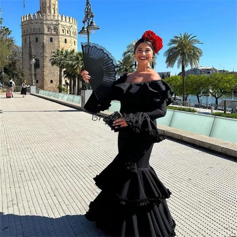 Vintage Black Flamenco Prom Dress Mermaid Ruffles Puff Sleeves Women Formal Occasion Dresses 2023 Tight Korean Elegant Evening Party Gowns Vestidos De Fiesta