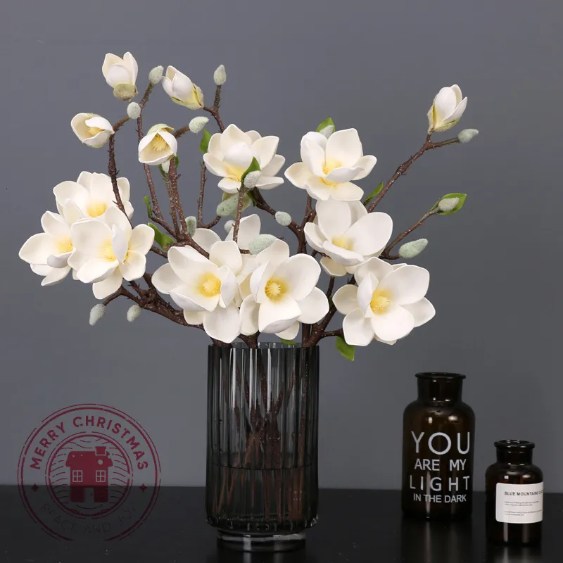 Couronnes de fleurs décoratives 50 cm Simulation de magnolia artificielle branche unique Magnolia réaliste fausse fleur décoration de la maison Vase arrangement de fleurs au sol 230505