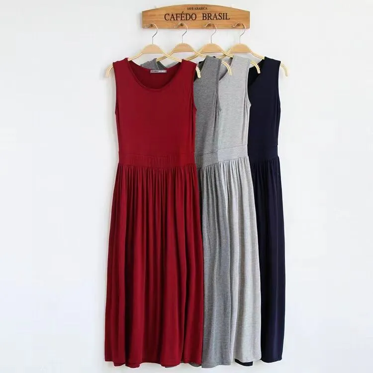 Europe America Slim Skirt Modal Cotton Elastic Waist Fashion Large Floor Length Spring and Summer Women's Pleated Dress