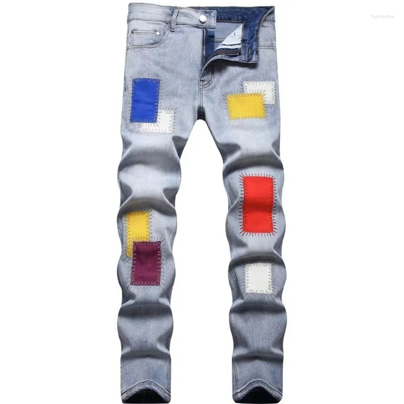 Jeans masculino bordado com arco-íris tecido quadrado puro algodão elástico calça justa branca raspada usável moda de rua