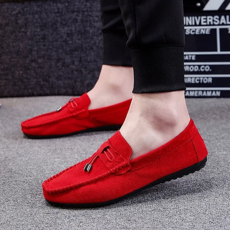 Men s Suede mens loafers Casual Fashion Slip On Leisure Moccasins for Driving Black Red