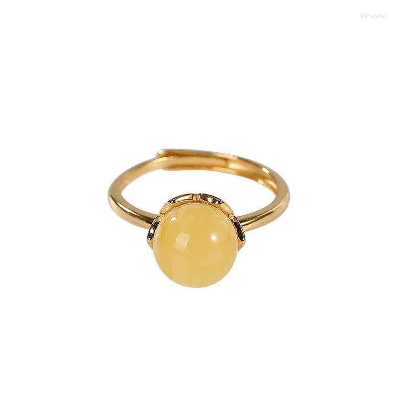 Cluster Rings S925 Sterling Silver Gold Plated Natural Amber Ring Personality Affordable Luxury Plum Blossom Round Beads Temperament