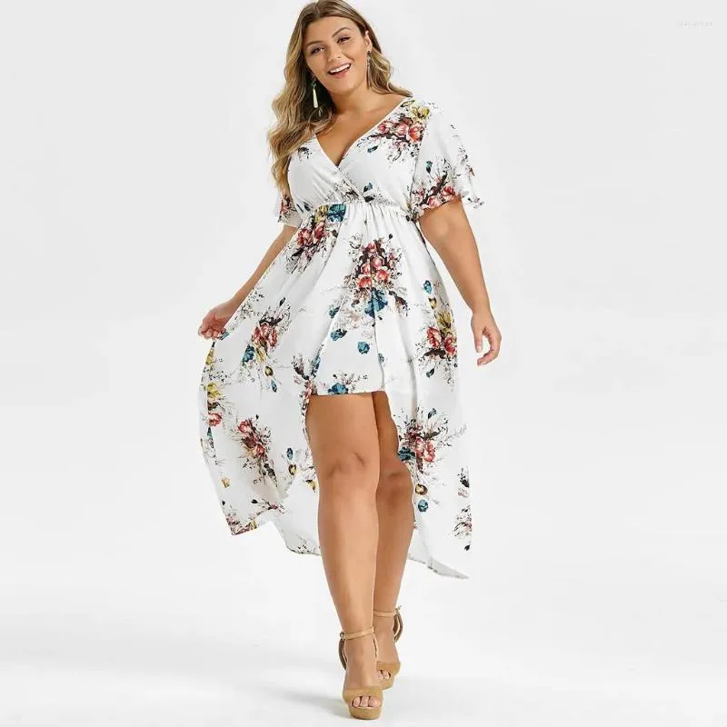 Casual Dresses Fashion Plus Size Dress Women Short Sleeve Floral Printed Bell High Low Maxi Summer Clothes For Jurk