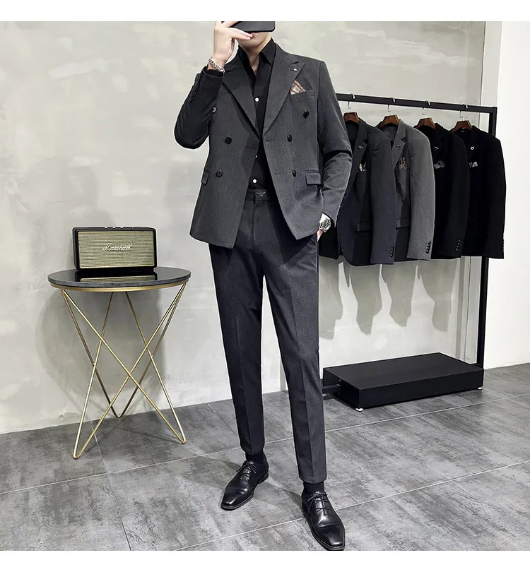 Mens Slim Fit Double Breasted Suit Blazer & Pants Set Polyester