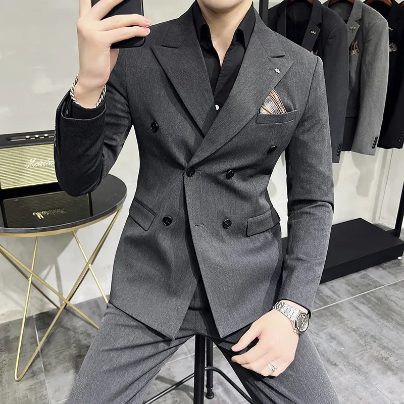 New Beige Double Breasted Grey Slim Fit Suit With Notch