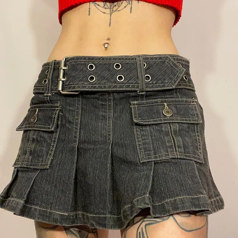 Skirts Dour y Korean Fashion y2k 2000s E girl Women Low Waist A Line Pleated Punk Grunge Jeans Denim Streetwear 230505