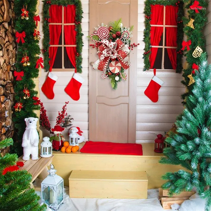 Flores decorativas da porta da frente de natal grinaldas de pirulito vermelho frutas vermelhas pinho imprimir pinheiro fresco guirlanda de festival de festivais