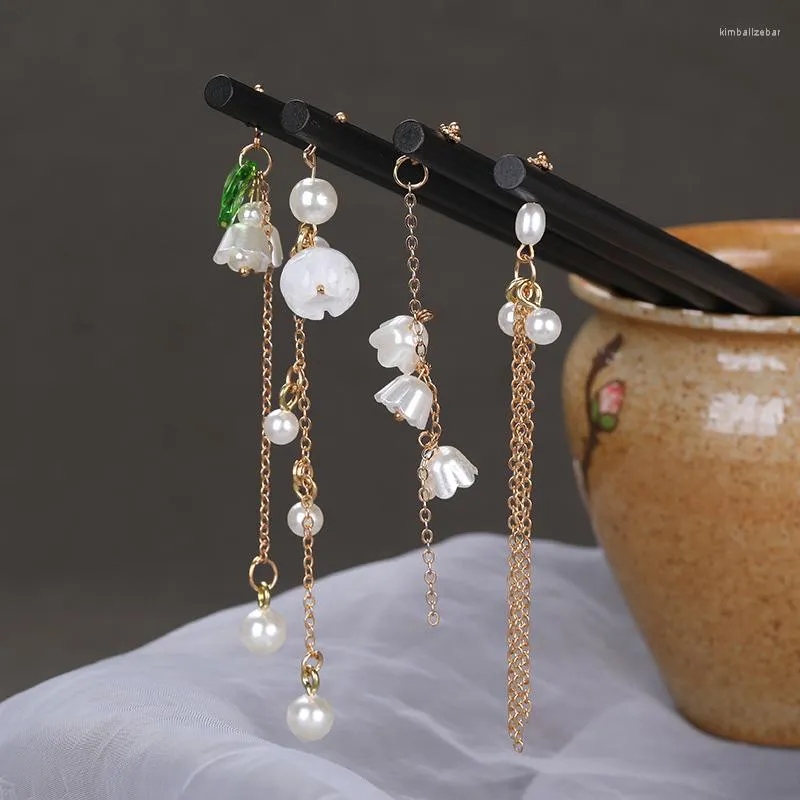 Hårklipp 1 st pärla blomma vintage pinne plocka naturligt trä sandelträ kinesiska stil pinnar etniska stift kvinnor hårnålar smycken