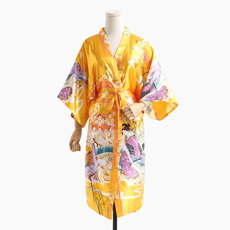 Kvinnors sömnkläder märkesdesign skönhet silkrockklänning sommar japansk kimono kvinnlig tryckt blommig lång nattklänning klädkvinnor