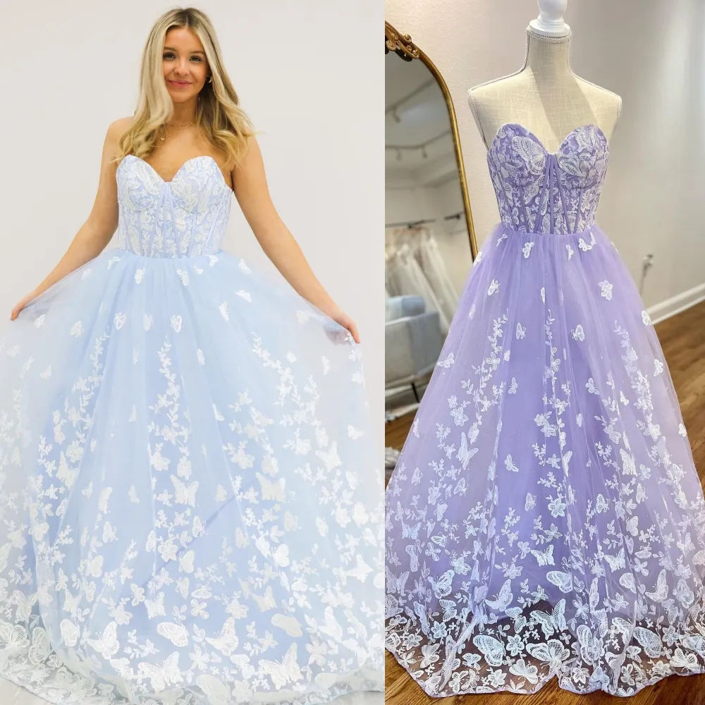 Black-Tie Lilac BlueStrapless Ballgown Lavender Prom Dresses 2022 with Butterfly Sequin Embellishments and Sheer Corset Top for Formal Evening Events