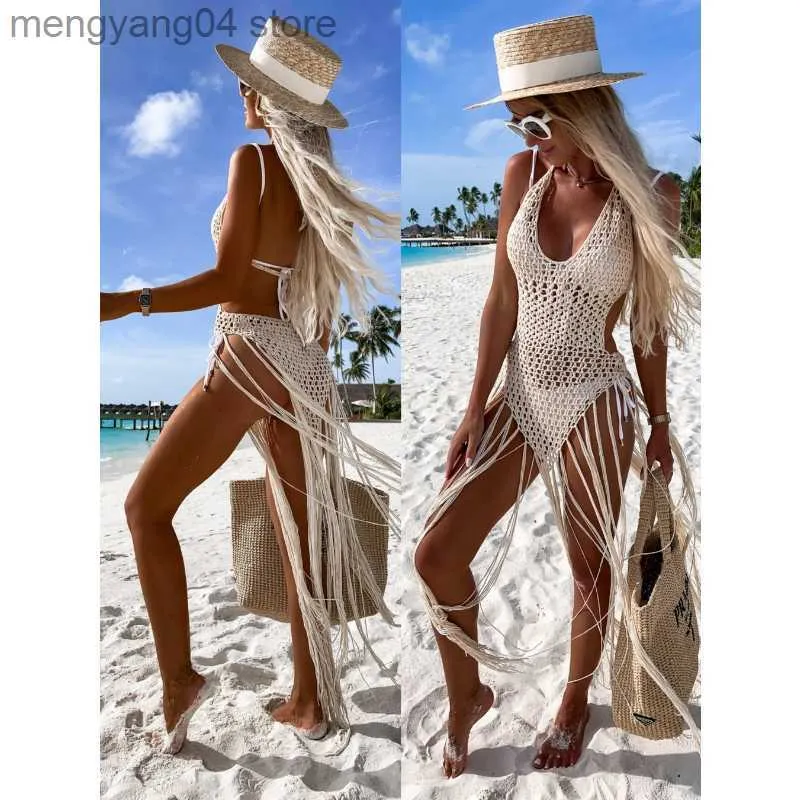 Women's Swimwear 2023 New Woman Crochet Dress White Beachwear Mesh Tassels Knitted Beach Dress Bikini Cover Up Swimsuit Woman Dresses T230505