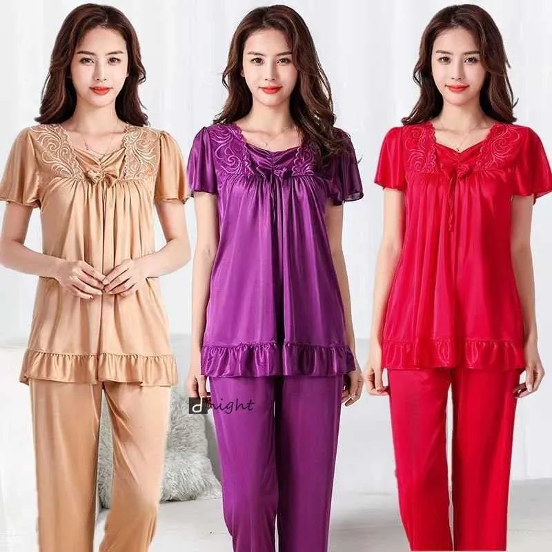 Sweetwear Ev Giyim Büyük Nightshirt Şort Yaz Saten İpek Pantolonları Kadın Orta Yaşlı Dantel Büyük 5xl Pijama Yatak Odası Seti P230408 ​​P230505