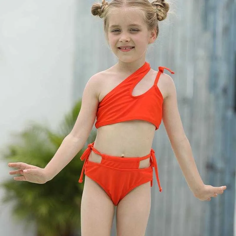 Dela Solid Color Childrens One Pieces Swimsuit One Shoulder Drawstring Girl Source Factory Partihandel