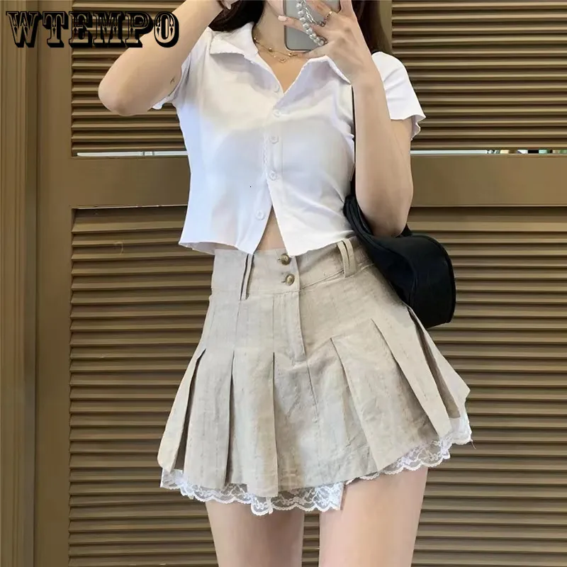 Gonne WTEMPO Moda coreana Cachi Corto in pizzo Carino pieghettato Stile preppy da donna abbottonato a vita alta Estate 230505