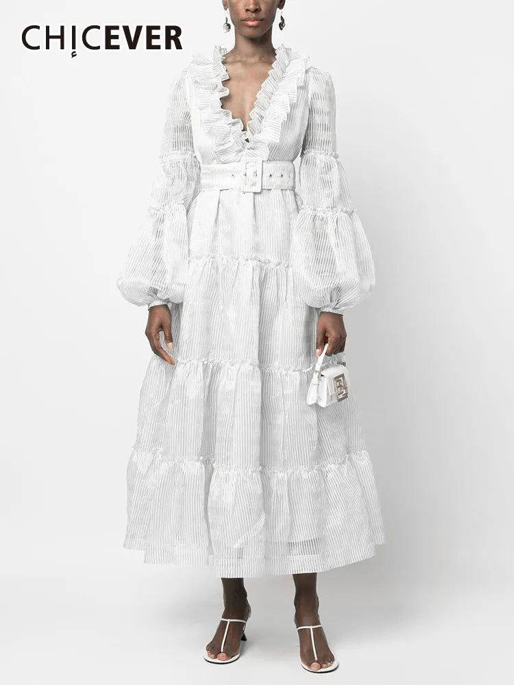 Casual Dresses CHICEVER Elegant Long Dresses For Women V Neck Puff Long Sleeve Patchwork Lace Temperament Maxi Female Spring Fashion 230424