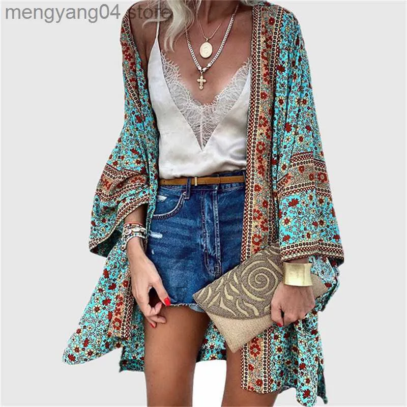 Women's Swimwear Summer Floral Printed Beach Cover Up Tops Bohemian Kimono Women Long Sleeve Cardigan Casual Loose Holiday Blouse Shirt Cover Up T230505