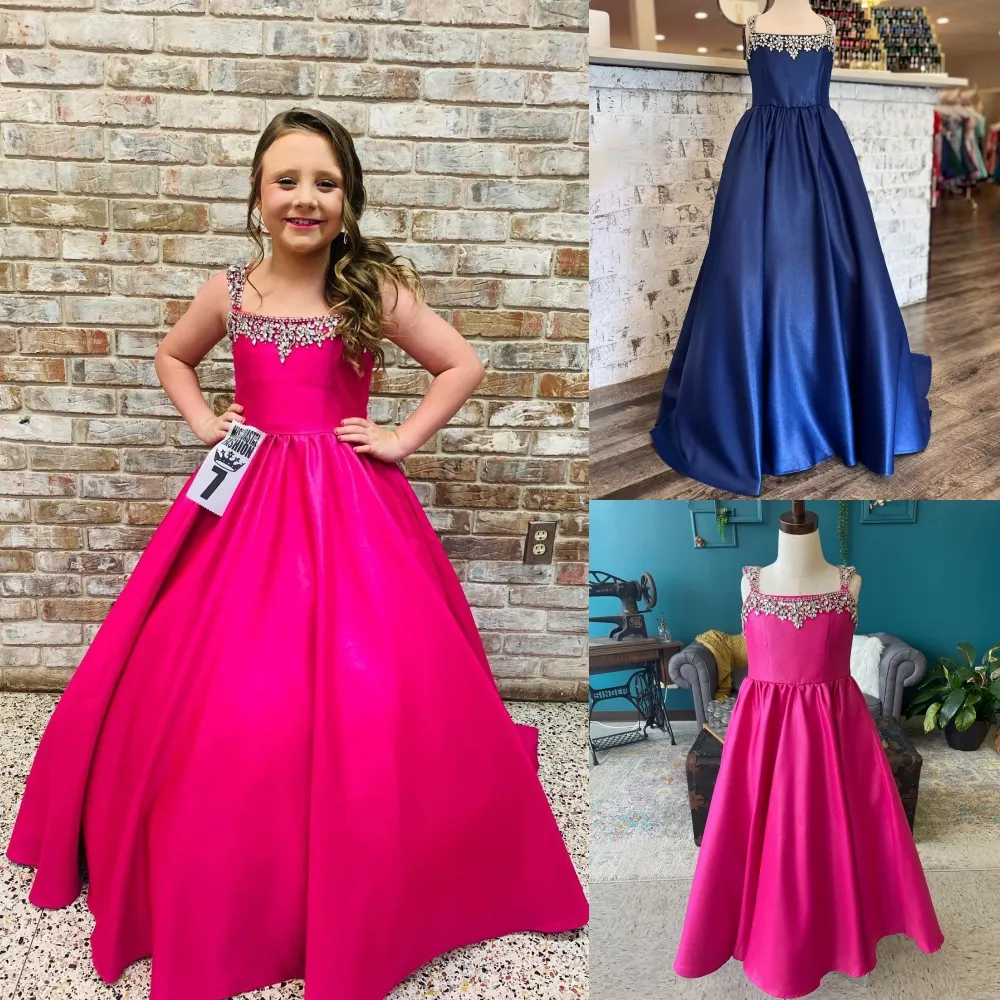 Fuchsia Satin Girl Pageant Dress 2023 Beaded A-Line Little Kid Birthday Formal Party Wedding Guest Runway Fun-Fashion Gown Toddler Teens Preteen Flower-Girl Navy-Blue