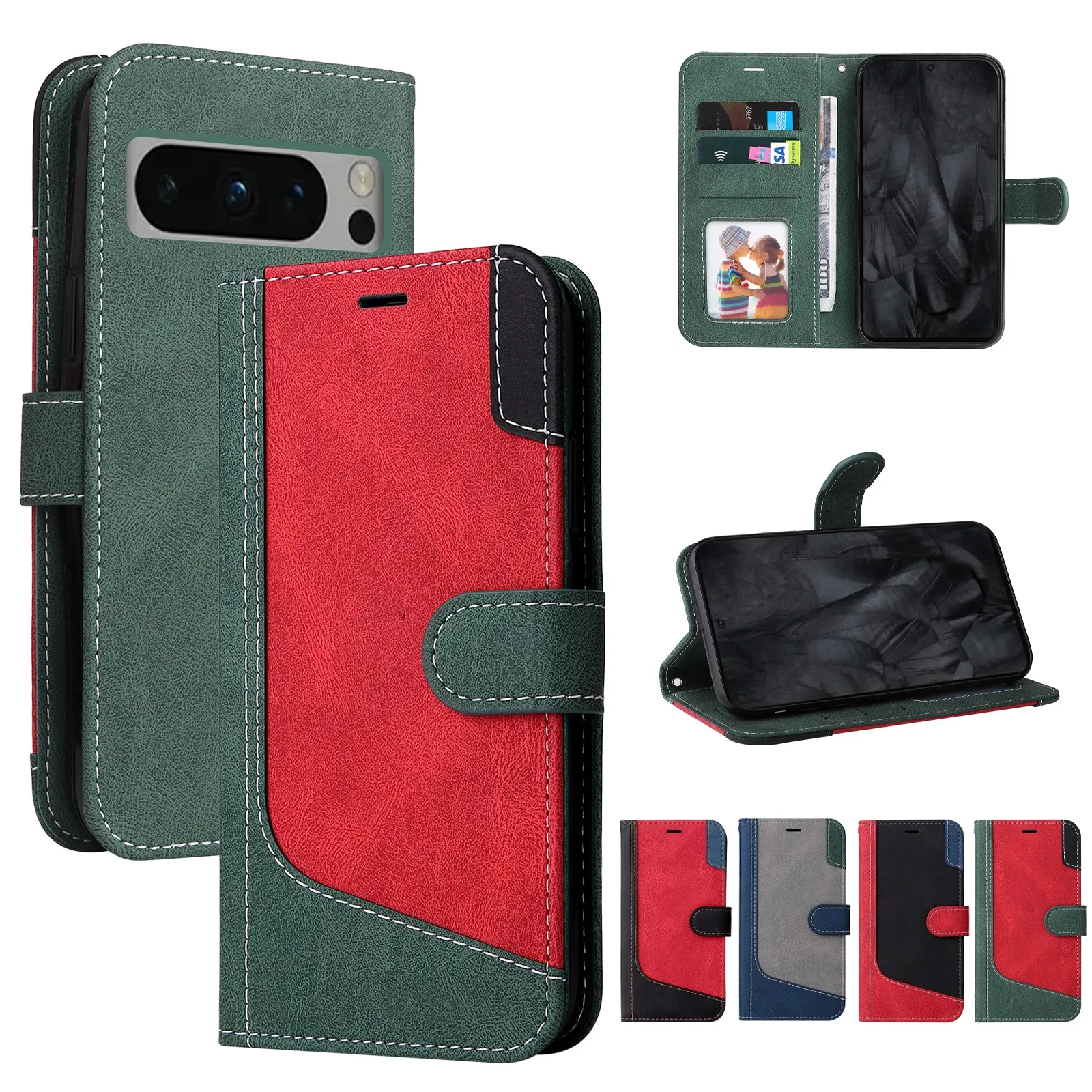 Kontrastfärgläder Kreditkortshållare Slots Plånbok Fodral för Google Pixel 8 Pro 7A 7 6 5A Stand Flip Phone Cover Conque